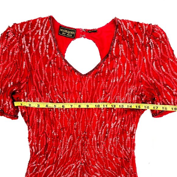 vintage red sequin dress v-neckline & back cutout 100% pure silk - Picture 5 of 7